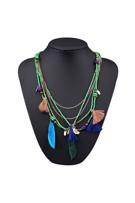 Women's Boho Ethnic Style Feathers Tassels Beads Multi-layer Chain Necklace Green