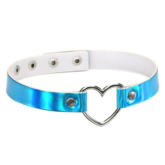 Ruanlalo Women's Chic Holographic Metal Open Heart Faux Leather Necklace Choker Gift Blue