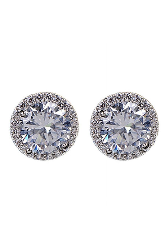 Women\'s Fashion Round Zircon Inlaid Earrings Luxury Silver Tone Ear Stud Jewelry