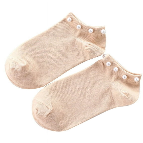Ruanlalo Women's Solid Color Faux Pearl Beading Breathable Cotton Low Cut Ankle Socks Khaki