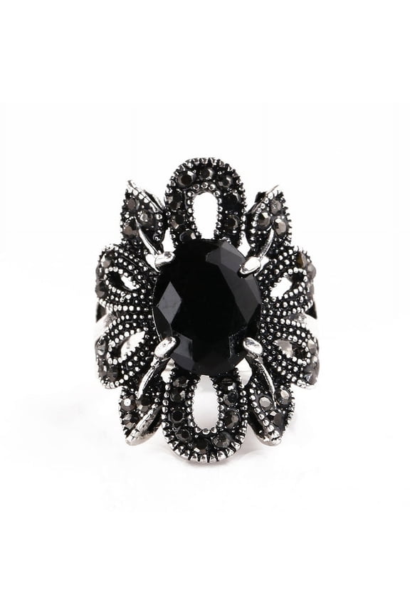 Women\'s Vintage Hollow Flower Pattern Ring Plated Alloy Resin Finger Jewelry Gift 8
