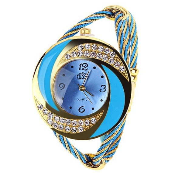 Ruanlalo Wristwatch Spiral Waterproof Round Rhinestone Braid Bangle Watch for Gift Blue