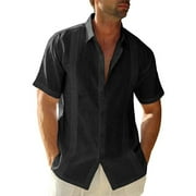 Ruanyu Men's Short Sleeve Cuban Guayabera Button Down Shirts Linen Cotton Beach Top M-3XL