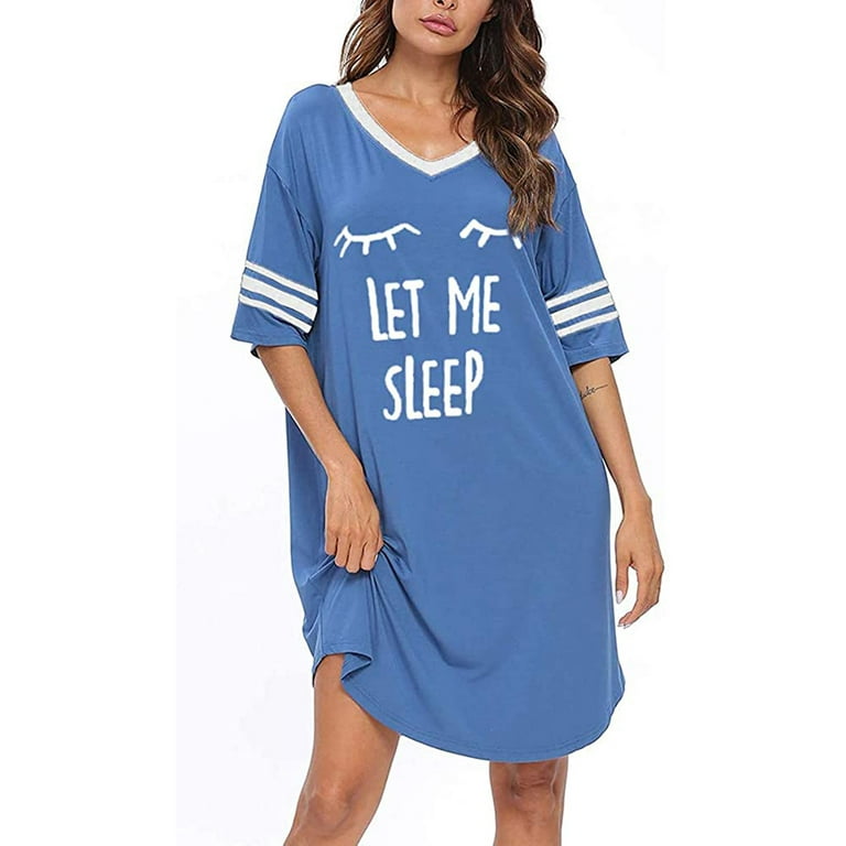 Ruanyu Sleep Shirts for Women Short Sleeve Cotton Novelty Night Shirts V  Neck Oversized Nightgowns Cute Printed Nightdress