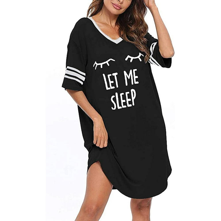 Ruanyu Sleep Shirts for Women Short Sleeve Cotton Novelty Night Shirts V  Neck Oversized Nightgowns Cute Printed Nightdress