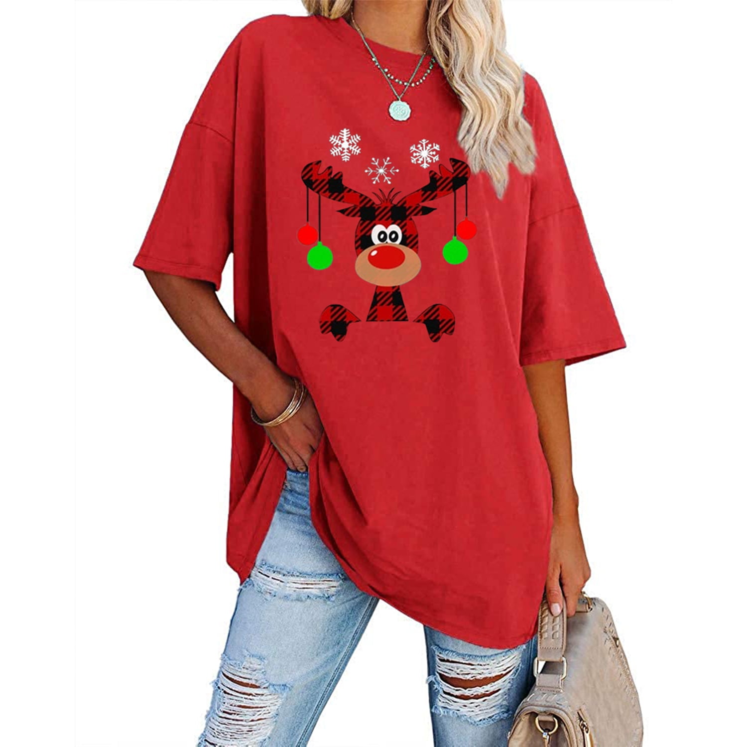 Ruanyu Women Christmas T Shirts Tees Loose Print Oversized Crew Neck