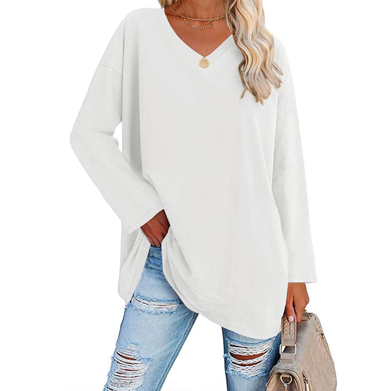 Ruanyu Women's Oversized Long Sleeve Tops V Neck Loose Casual Tunics T