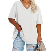 Ruanyu Women's Plus Size V Neck T Shirts Summer Half Sleeve Oversized Tees Casual Loose Fit Tunic Tops
