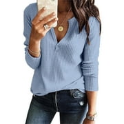Ruanyu Womens V Neck Shirts Long Sleeve Henley Tops Solid Color Waffle Knit Loose Fitting Warm Lightweight Pullover