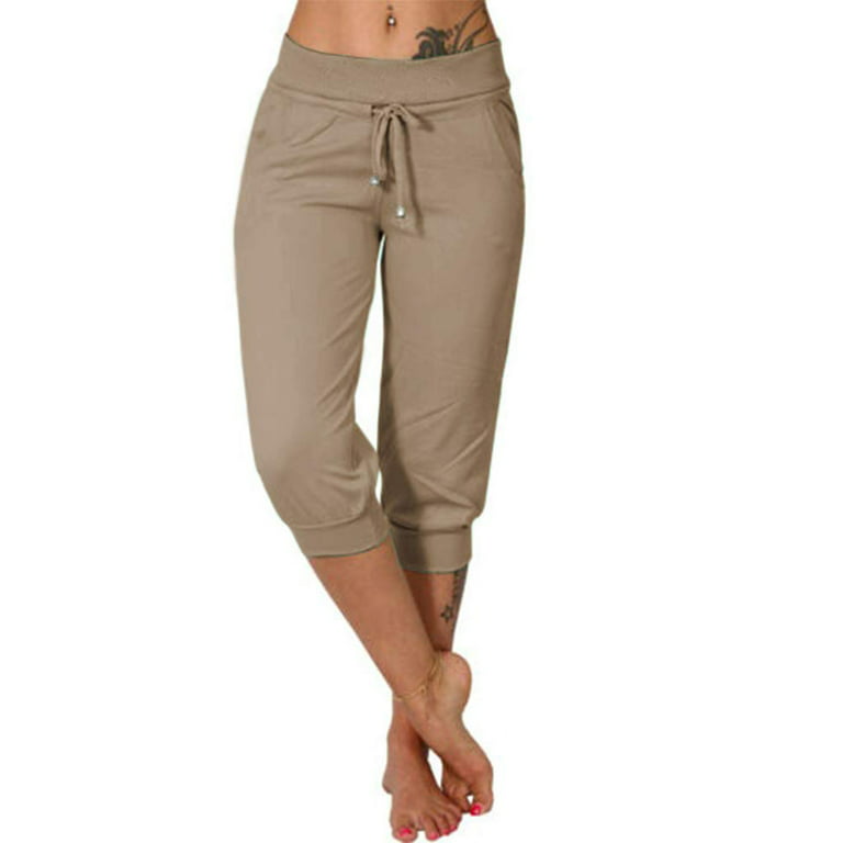 Womens Capri Lounge Pants Elastic High Waisted Drawstring Slacks