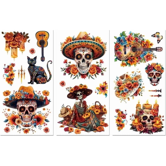 Rub on Transfer Decal for DIY Furniture Craft Decor 6"x12" 3Pcs Day of the Dead Waterproof UV DTF Transfer Sticker for DIY Dresser Lingerie Chests Drawer Glass Porcelain Wood Plastic