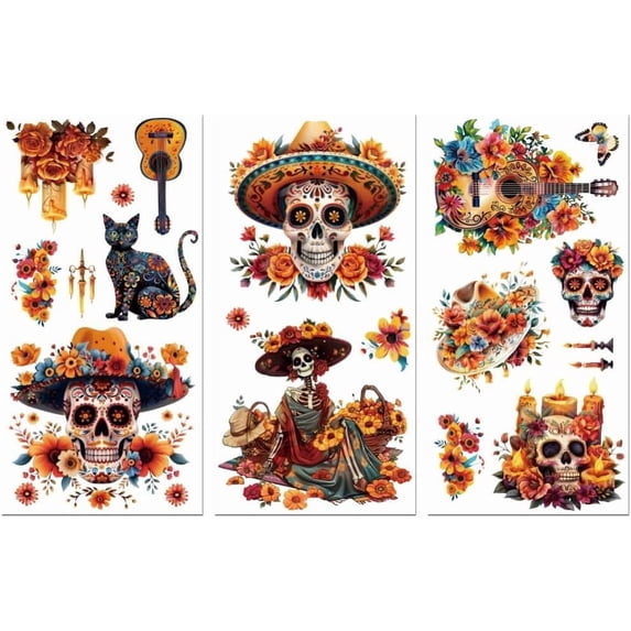 Rub on Transfer Decal for Furniture Craft Decor 6"x12" 3Pcs Day of the Dead Waterproof UV DTF Transfer Sticker for Dresser Lingerie Chests Drawer Glass Porcelain Wood Plastic Colorful