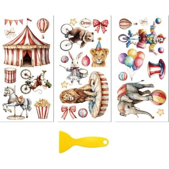 Rub on Transfer Decal Sticker DIY for Furniture Craft Decor 6"x12" Carnival Circus 3Pcs Waterproof UV DTF Transfer DIY for Drawer Dresser Glass Porcelain Wood Plastic Window