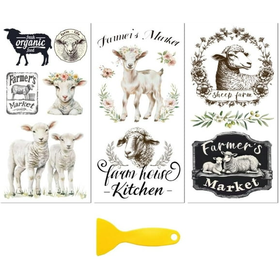 Rub on Transfer Decal Sticker DIY for Furniture Craft Decor 6"x12" Farmhouse Sheep 3Pcs Waterproof UV DTF Transfer DIY for Drawer Dresser Glass Porcelain Wood Plastic