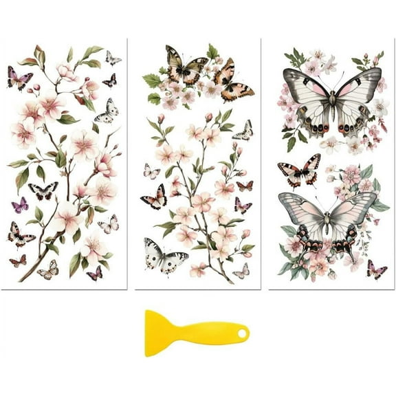 Rub on Transfer Decal Sticker for DIY Furniture Craft Decor 6"x12" Peach Blossoms and Butterflies 3Pcs Waterproof UV DTF Transfer for DIY Drawer Dresser Glass Porcelain Wood Plastic Window