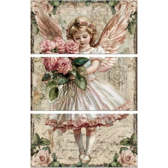 Rub on Transfer Decal Sticker for DIY Furniture Craft Decor 6"x12" Vintage Angel with Pink Roses 3Pcs Waterproof UV DTF Transfer for DIY Drawer Dresser Glass Porcelain Wood Plastic Window