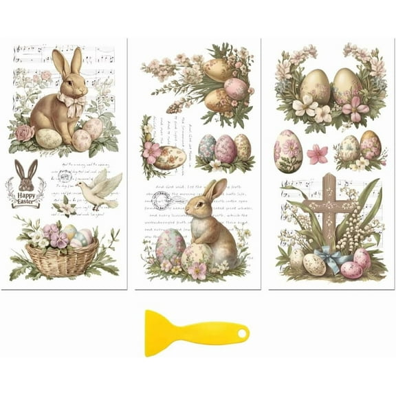 Rub on Transfer Decal Sticker for DIY Furniture Craft Decor 6"x12" Vintage Easter 3Pcs Waterproof UV DTF Transfer for DIY Drawer Dresser Glass Porcelain Wood Plastic Window