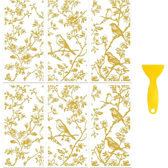 Rub on Transfer Decal Sticker for Furniture Craft Decor 6"x12" 2 Sheets Gold Branches and Birds 6Pcs Waterproof UV DTF Transfer for Drawer Dresser Glass Porcelain Wood Plastic Gold