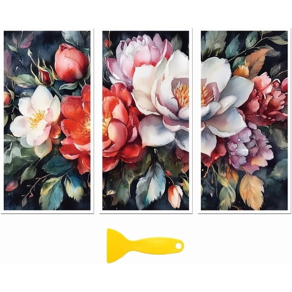 Rub on Transfer Decal Sticker for Furniture Craft Decor 6"x12" Artistic Flowers on Dark 3Pcs Waterproof UV DTF Transfer for Drawer Dresser Glass Porcelain Wood Plastic for DIY