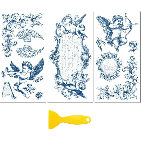 Rub on Transfer Decal Sticker for Furniture Craft Decor 6"x12" Baroque Vintage Blue Angel 3Pcs Waterproof UV DTF Transfer for Drawer Dresser Glass Porcelain Wood Plastic Window