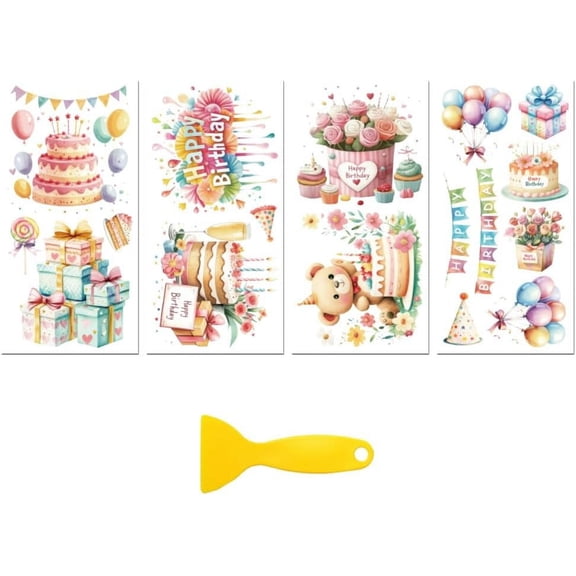 Rub on Transfer Decal Sticker for Furniture Craft Decor 6"x12" Birthday Cake with Scraper 4Pcs Waterproof UV DTF Transfer for Party Kitchen Glass Porcelain Wood Plastic Window