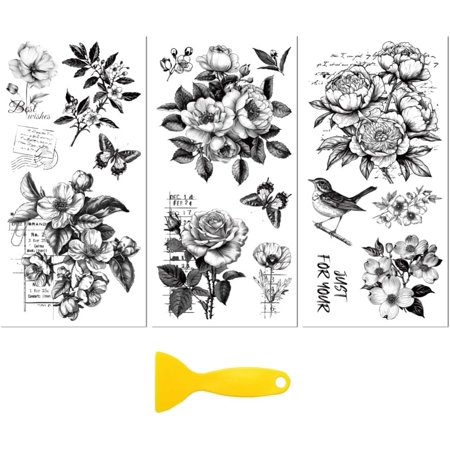 Rub on Transfer Decal Sticker for Furniture Craft Decor 6"x12" Black Retro Fowers 3Pcs Waterproof UV DTF Transfer for Drawer Dresser Glass Porcelain Wood Plastic Colorful