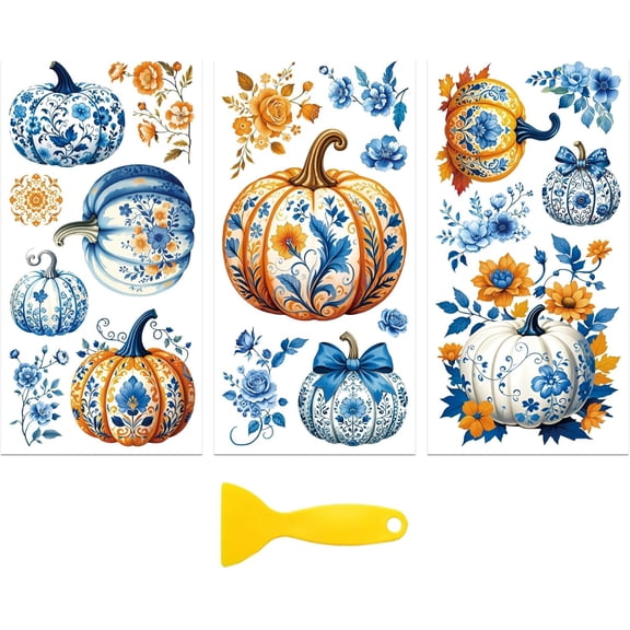 Rub on Transfer Decal Sticker for Furniture Craft Decor 6"x12" Blue-Patterned Pumpkin 3Pcs Waterproof UV DTF Transfer for Drawer Dresser Glass Porcelain Wood Plastic