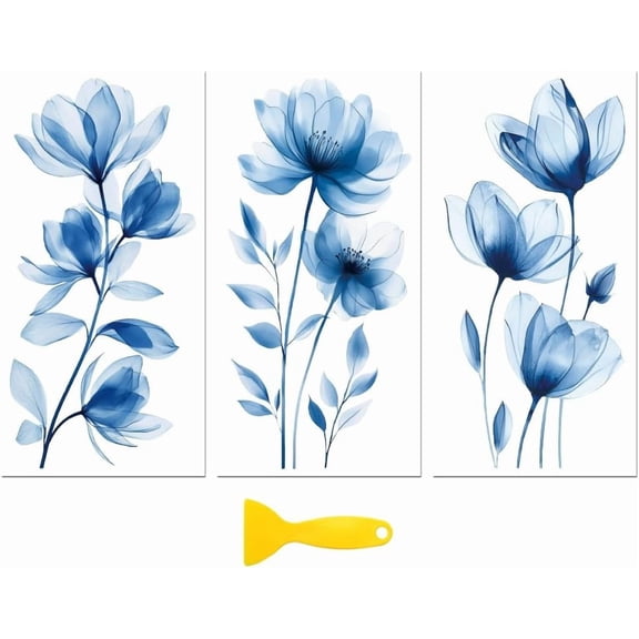 Rub on Transfer Decal Sticker for Furniture Craft Decor 6"x12" Blue Watercolor Flowers 3Pcs Waterproof UV DTF Transfer for Drawer Dresser Glass Porcelain Wood Plastic