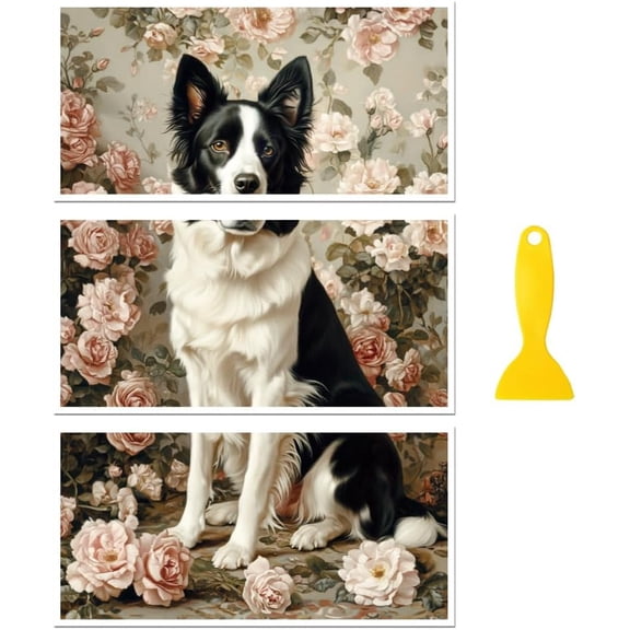 Rub on Transfer Decal Sticker for Furniture Craft Decor 6"x12" Border Collie and Flower 3Pcs Waterproof UV DTF Transfer for Drawer Dresser Glass Porcelain Wood Plastic Window