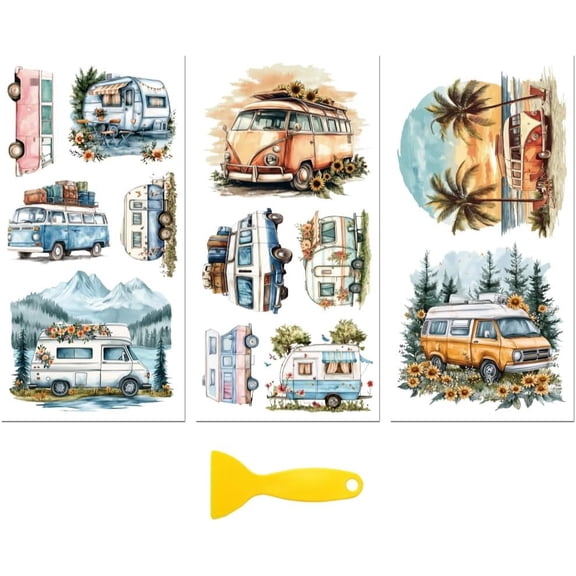 Rub on Transfer Decal Sticker for Furniture Craft Decor 6"x12" Camping and Beach 3Pcs Waterproof UV DTF Transfer for Drawer Dresser Glass Porcelain Wood Plastic Window Mixed Color