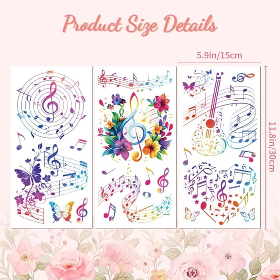 Rub on Transfer Decal Sticker for Furniture Craft Decor 6"x12" Colorful Art Music Notes 3Pcs Waterproof UV DTF Transfer for Drawer Dresser Glass Porcelain Wood Plastic Window