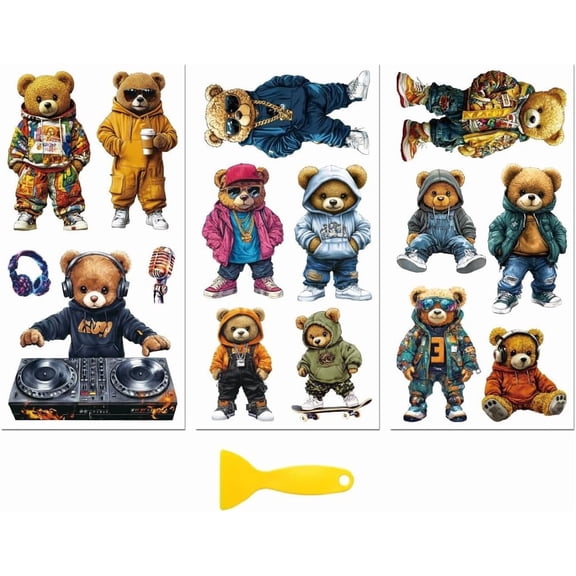 Rub on Transfer Decal Sticker for Furniture Craft Decor 6"x12" Cool Teddy Bear 3Pcs Waterproof UV DTF Transfer for Drawer Dresser Glass Porcelain Wood Plastic Colorful DIY