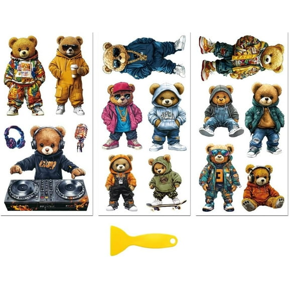 Rub on Transfer Decal Sticker for Furniture Craft Decor 6"x12" Cool Teddy Bear 3Pcs Waterproof UV DTF Transfer for Drawer Dresser Glass Porcelain Wood Plastic