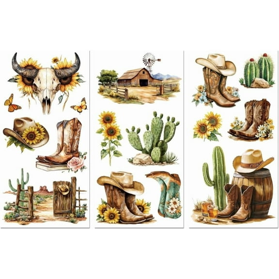 Rub on Transfer Decal Sticker for Furniture Craft Decor 6"x12" Cowboy Boots and Western Scenery 3Pcs Waterproof UV DTF Transfer for Farmhouse Lingerie Chests Drawer Glass Porcelain Wood Colorful