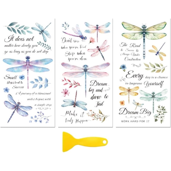 Rub on Transfer Decal Sticker for Furniture Craft Decor 6"x12" Dragonflies and Inspirational Quotes 3Pcs Waterproof UV DTF Transfer for Drawer Dresser Glass Porcelain Wood Plastic Window Mixed Color