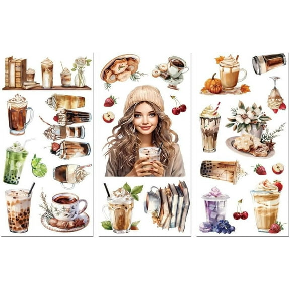 Rub on Transfer Decal Sticker for Furniture Craft Decor 6"x12" Girl with Milk Tea and Coffee 3Pcs Waterproof UV DTF Transfer Sticker for Dresser Fridge Glass Porcelain Wood Plastic