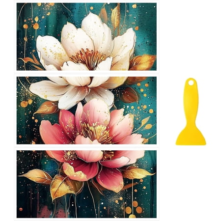 Rub on Transfer Decal Sticker for Furniture Craft Decor 6"x12" Golden Border Art Flower 3Pcs Waterproof UV DTF Transfer for Drawer Dresser Glass Porcelain Wood Plastic