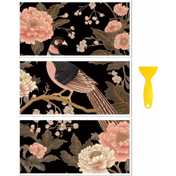 Rub on Transfer Decal Sticker for Furniture Craft Decor 6"x12" Golden Pheasants Pattern and Peonies 3Pcs Waterproof UV DTF Transfer for Drawer Dresser Glass Porcelain Wood Plastic Window Making DIY