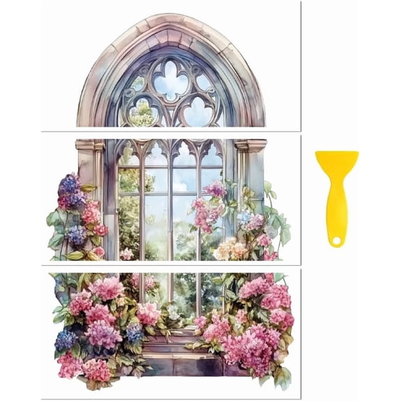 Rub on Transfer Decal Sticker for Furniture Craft Decor 6"x12" Gothic Window with Flowers 3Pcs Waterproof UV DTF Transfer for Drawer Dresser Glass Porcelain Wood Plastic Window