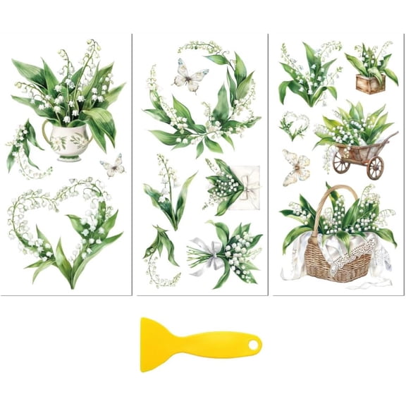 Rub on Transfer Decal Sticker for Furniture Craft Decor 6"x12" Lily of The Valley 3Pcs Waterproof UV DTF Transfer for Drawer Dresser Glass Porcelain Wood Plastic Colorful DIY