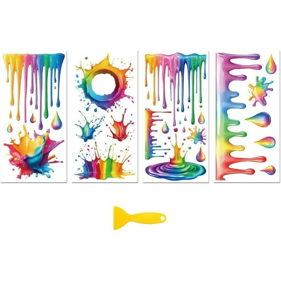 Rub on Transfer Decal Sticker for Furniture Craft Decor 6"x12" Rainbow Dripping Liquid Water 4Pcs Waterproof UV DTF Transfer for Drawer Dresser Glass Porcelain Wood Plastic Window for DIY