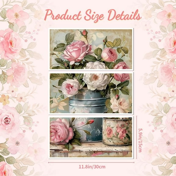 Rub on Transfer Decal Sticker for Furniture Craft Decor 6"x12" Retro Canned Flowers 3Pcs Waterproof UV DTF Transfer for Drawer Dresser Glass Porcelain Wood Plastic
