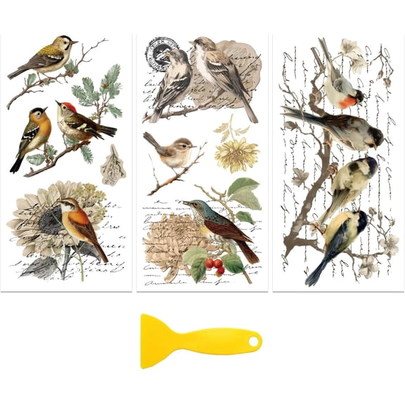 Rub on Transfer Decal Sticker for Furniture Craft Decor 6"x12" Retro Country Style Birds 3Pcs Waterproof UV DTF Transfer for Drawer Dresser Glass Porcelain Wood Plastic for DIY