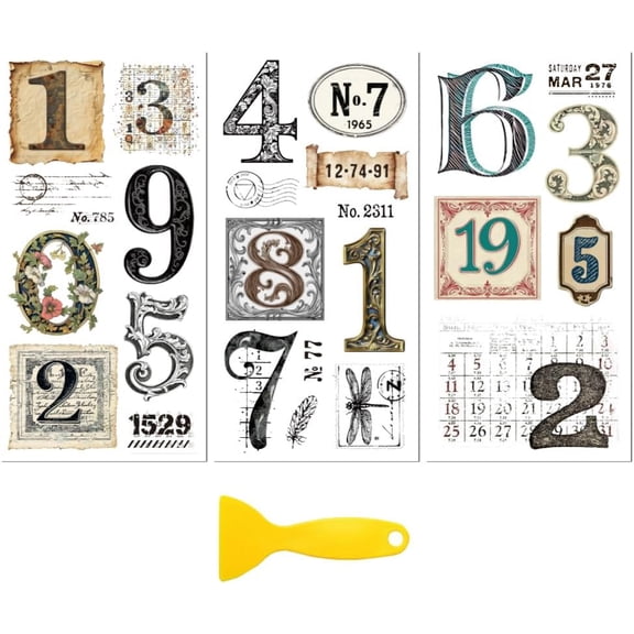 Rub on Transfer Decal Sticker for Furniture Craft Decor 6"x12" Retro Number Series 3Pcs Waterproof UV DTF Transfer for Drawer Dresser Glass Porcelain Wood Plastic
