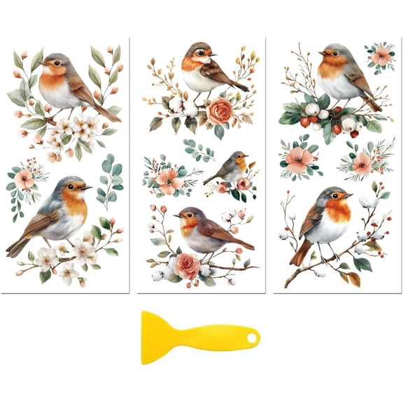 Rub on Transfer Decal Sticker for Furniture Craft Decor 6"x12" Robin and Flower Wreath 3Pcs Waterproof UV DTF Transfer for Drawer Dresser Glass Porcelain Wood Plastic Window Colorful