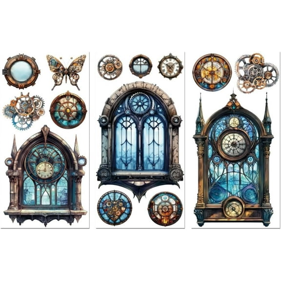 Rub on Transfer Decal Sticker for Furniture Craft Decor 6"x12" Steampunk Window 3Pcs Waterproof UV DTF Transfer for Drawer Dresser Glass Porcelain Wood Plastic Window