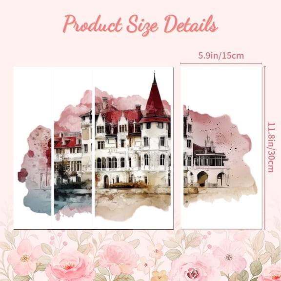 Rub on Transfer Decal Sticker for Furniture Craft Decor 6"x12" Watercolor Town 4Pcs Waterproof UV DTF Transfer for Drawer Dresser Glass Porcelain Wood Plastic Window