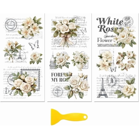Rub on Transfer Decal Sticker for Furniture Craft Decor 6"x12" White Flowers and Text Shading 3Pcs Waterproof UV DTF Transfer for Drawer Dresser Glass Porcelain Wood Plastic Colorful