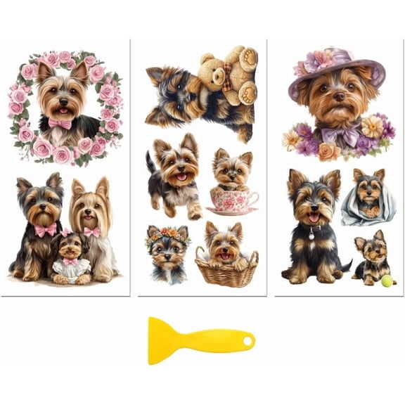 Rub on Transfer Decal Sticker for Furniture Craft Decor 6"x12" Yorkshire Dog 3Pcs Waterproof UV DTF Transfer for Drawer Dresser Glass Porcelain Wood Plastic Colorful DIY