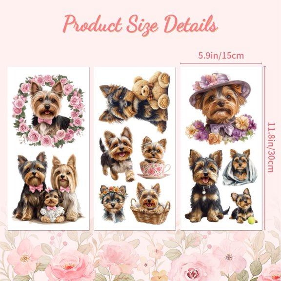 Rub on Transfer Decal Sticker for Furniture Craft Decor 6"x12" Yorkshire Dog 3Pcs Waterproof UV DTF Transfer for Drawer Dresser Glass Porcelain Wood Plastic